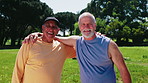 Fitness, face and old men in park with support, active aging and group pride with workout hobby. Happy, portrait and senior friends with laugh, confidence and team exercise in retirement activity.