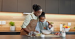 Mom, child and black family baking with egg in kitchen for culinary art, teaching or development. Mother, daughter or kid learning with ingredients for dessert recipe or cuisine together in home
