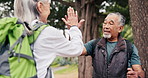 Hiking, high five and old couple with smile in nature, achievement or travel with partner in forest. Outdoor, holiday and happy senior people on break, talking and celebration for trekking success