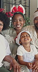 Relax, face and happy family on Christmas with love, bonding or get together for holiday tradition. Black people, grandma or parents with child for xmas reunion, festive season or generations in home