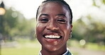Fitness, face or black woman outdoor with laugh, positive attitude or workout hobby on weekend break. Happy, bokeh or athlete in park with joke reaction, confidence or good mood in training activity