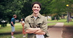 Face, man and student at park for education, new semester and ecology study for climate change. Portrait, person and arms crossed in nature for college excursion, sustainable learning and ESG course