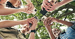 University, circle or friends outdoor with phone, funny text or comic reaction on social media. Below, happy people or students in park with huddle, college bonding or gen z meme in online group chat
