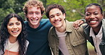 College, face or friends outdoor with laugh, scholarship pride or peer support in higher education. Happy, people or student with unity, university collaboration or diversity in study opportunity.