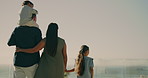 Family, holding hands and walking with children, home and bonding together on break and connection. Back, people and parents with kids on weekend, mockup space and outdoor for fresh air at house