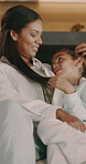 Love, mom and child in home with chat, happy moment and family bonding in healthy relationship. Laugh, mother and daughter on sofa with conversation, parent security and connection in quality time.