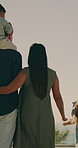 Travel, back or family outdoor with holding hands, vacation bonding or connection on summer trip. Holiday, parents or children in nature with love, happy moment or quality time on getaway together.