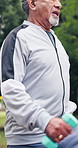 Fitness, outdoor and old man with dumbbells, training and physical activity for wellness or workout. Cardio, movement and senior person with exercise equipment, routine and active for health at park