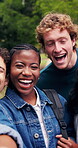 Selfie, students and smile with friends in park for college memory, social media and bonding. Profile picture, peace sign and university group with people outdoor for post, future and connection