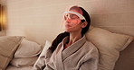 Skincare, woman and mask for red light therapy, boost collagen and anti aging benefits in bedroom. Mature person, beauty and infrared LED for facial treatment, biohacking and dermatology glow in home