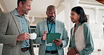Tablet, leader and team with business man at conference for vip organizer, meeting and advice. Delegate registration, digital guest sign in and seminar coordinator with employee in hotel for search