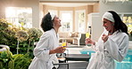 Friends, laugh and dance at spa with drinks, bonding together or feel good energy for luxury holiday. Happy, mature women and enjoy music at resort with mimosa, fun vacation and rhythm for song.