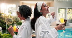Friends, spa or dance at resort with drinks, happy or bonding together for luxury holiday experience. Mature women, smile and enjoy music at hotel with mimosa, fun vacation and movement to song.