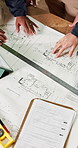 Hands, people and blueprint in workshop for carpentry, evaluation and structure for manufacturing. Above, carpenter and team in factory with floor plan, illustration and layout for joinery production