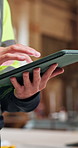 Person, hands or construction with tablet in warehouse for building checklist, planning or inventory. Contractor, civil engineer or research with technology for inspection or quality control in depot