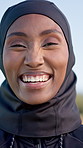 Face, smile and Muslim woman outdoor with fitness, vitality goals and positive attitude for exercise. Happy, Islamic person and runner with hijab, wellness and sports workout for stress relief.