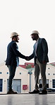Man, architect or site with handshake for building agreement, deal or construction contract together. Male people, team or civil engineer shaking hands with partnership for architecture development