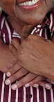Happy, senior mother and holding hands with daughter in home, support or connection with old parent. People, laugh and bonding with elderly mom, embrace together and relax with smile in family house