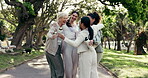Old women, fitness and hug with happy friends, outdoor and exercise with personal trainer and dance. Senior people, laughing and workout with water for health, embrace and fun together in nature