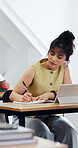 College student, writing and woman with tablet, education and planning for assignment in classroom. University, notes and happy person with technology, studying and exam preparation with information