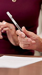 Signature, lawyer and hands of old person in home for power of attorney, agreement and policy. Inheritance update, documents and account authorization with people for title deed, writing and notary