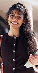 College, face or woman on campus with book, knowledge or scholarship pride in study opportunity. Happy, gen z or university student with textbook, higher education or confidence in academic course.