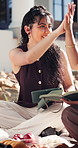 University, high five and woman with tablet, laughing and celebration for academic growth on campus. Outdoor, education and friends with achievement, discussion and happy people with tech at college