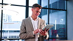 Finance, tablet and business man in lobby for investment review, foreign exchange and stock market. Office, corporate and person on tech for financial report, liquidity management and forecasting