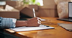 Hands, writing and clipboard in supply chain office, logistics management and shipping notes. Person, checklist or agenda for dropshipping info, distribution paperwork and courier service details