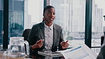 Businesswoman, paperwork and consultation in office with client, discussion or credit score for loan. Debt consultant, person talk and meeting with document for customer, liability review and advice.