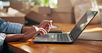 Hands, laptop and typing invoice at desk, supply chain management and shipping info for delivery. Person, tech and writing dropshipping report, business quote or details for courier in storage office