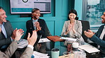 Happy, applause and business people in office with success, sales data or goals for profit projection. Manager, team and clapping in boardroom with revenue milestone, charts or celebration for stats.