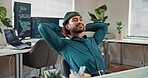 Office, relax and man on computer for coding, programming and finish with deadline for ai project. Stretching, happy and person with rest, break and smile for productivity, done and complete website
