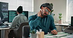 Programmer, computer and neck pain in office with burnout, tired or bad posture of software engineer. Male person, technology and coworking at workplace with sore muscle. exhausted or coding job