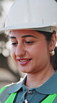 Engineer, smile and woman with tablet, outdoor and renovation project with digital blueprint on app. Construction worker, reading and happy person with tech, flare and building schedule on website