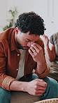 Stress, man and couple at house for argument, disagreement and dispute of emotional distance. Annoyed, people and jealous partner in lounge with conflict, cheating accusation and toxic relationship