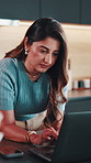 Kitchen, morning and woman on laptop for remote work, finance review and budget planning in home. Wfh, business and person on computer for financial report, research or proposal for wealth management