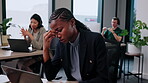 Agent, woman and laptop with stress in callcenter for helpdesk overload, ticket backlog and headache. Coworking, consultant and tech with migraine for hotline queue, high call volume and overwhelmed