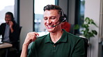 Telemarketing, happy and agent with headset in call center for policy pitch, benefits or coverage. Consulting, man and microphone with outbound contact for insurance cover, explain terms or coworking