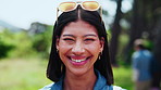 Face, woman and student outdoor for education, field research and ecology study for climate change. Portrait, laugh and person in nature for university excursion, sustainable learning and ESG course