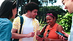 Students, laugh and friends in college with phone, bonding together or funny AI meme on social media. Happy, people and break outdoor in university with tech, online humor and hangout for community.