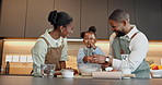 Child, laughing or black family baking with egg in kitchen for culinary art, teaching or development. Mom, dad or kid learning with ingredients or humor for funny dessert recipe together in home