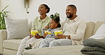 Laugh, popcorn and black family in home with watching tv, funny show and movie binge on weekend. Snack, parents and girl with comedy film, happy moment and entertainment streaming with quality time.