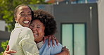 Woman, hug and old mother at house with smile, love and gratitude for surprise homecoming. Black family, adult daughter or senior person outdoor with embrace, affection and bonding together for visit