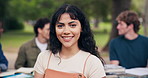 Face, students and woman outdoor at university for study group, education and learning opportunity. Happy, portrait and person with friends on campus for assignment, knowledge and course at college