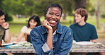 Face, laugh and woman outdoor at college for study group, education and learning opportunity. Happy, portrait and student with friends on campus for assignment, knowledge and course at university