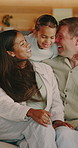 Couple, relax and talking at house with smile, love and romantic partner on valentines day. Happy, interracial people and discussion in home for romance, embrace spouse and eye contact for commitment