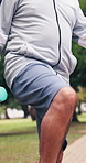Fitness, outdoor and old man with dumbbells, legs and physical activity for wellness and breathing. Cardio, movement and senior person with exercise equipment, routine and active for health at park