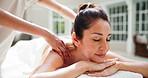 Peace, back and woman in spa with massage, comfortable rest and soothing benefits in wellness center. Tranquil, masseuse and mature person with dreaming, calm treatment and tension release at retreat