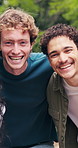 Face, students and happy at college with support, higher education scholarship and care for friends. People, smile and outdoor at university with study opportunity, youth development and connection.